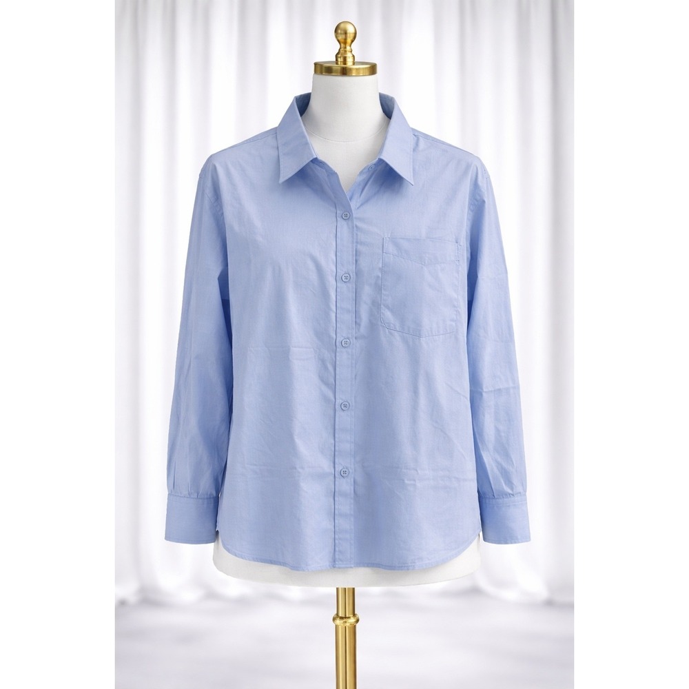 Susan Graver Woven‎ Poplin Button Front High-Low Hem Shirt 3XP Blue A662834